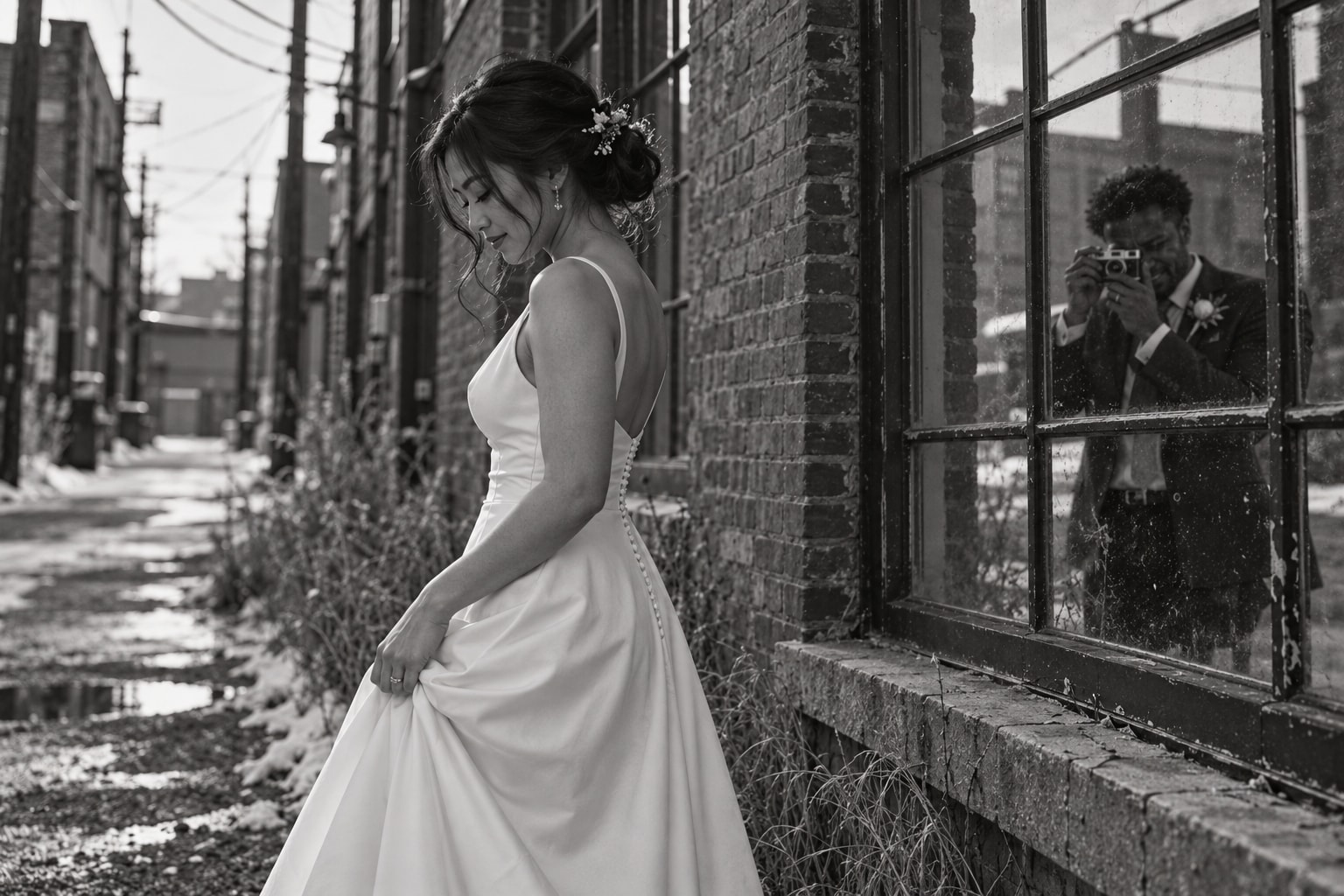 A wedding couple reflected on a wet Inglewood street