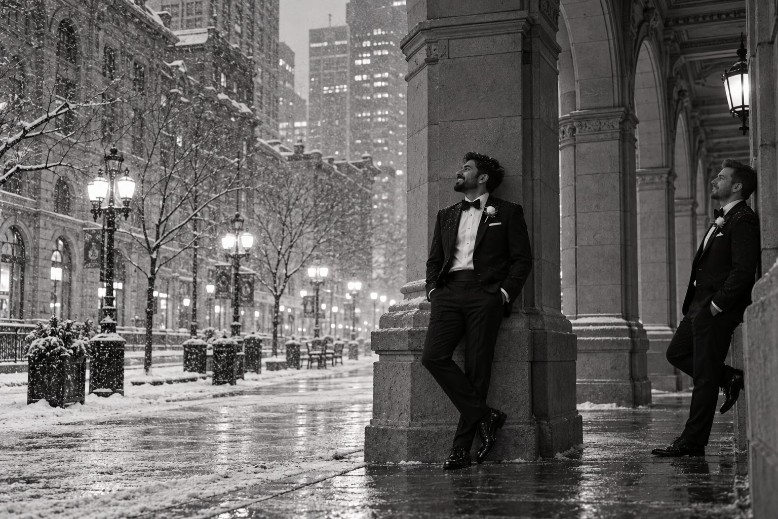 Two grooms walking through snow on Stephen Avenue
