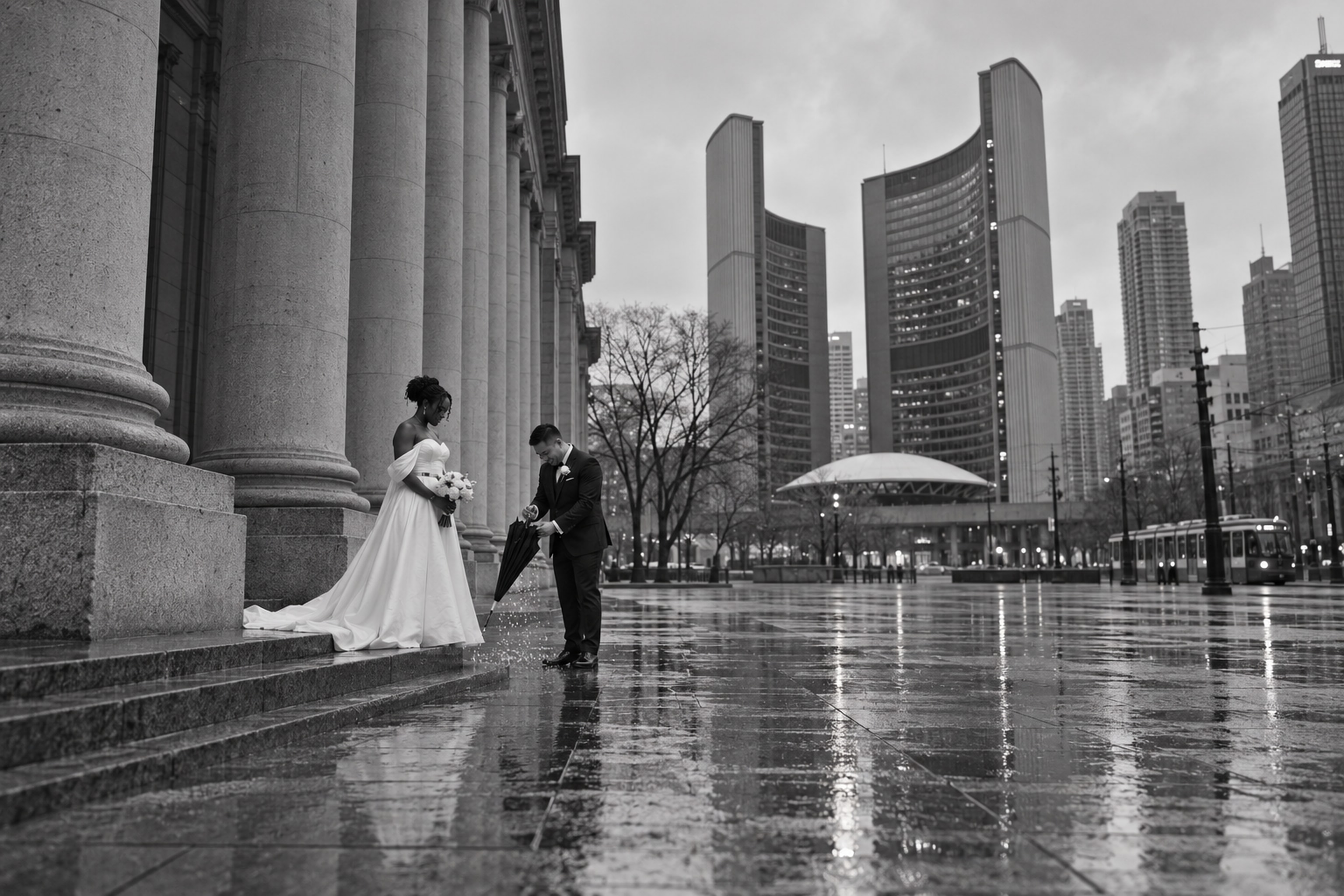 Newlyweds beneath an umbrella in Toronto's civic core
