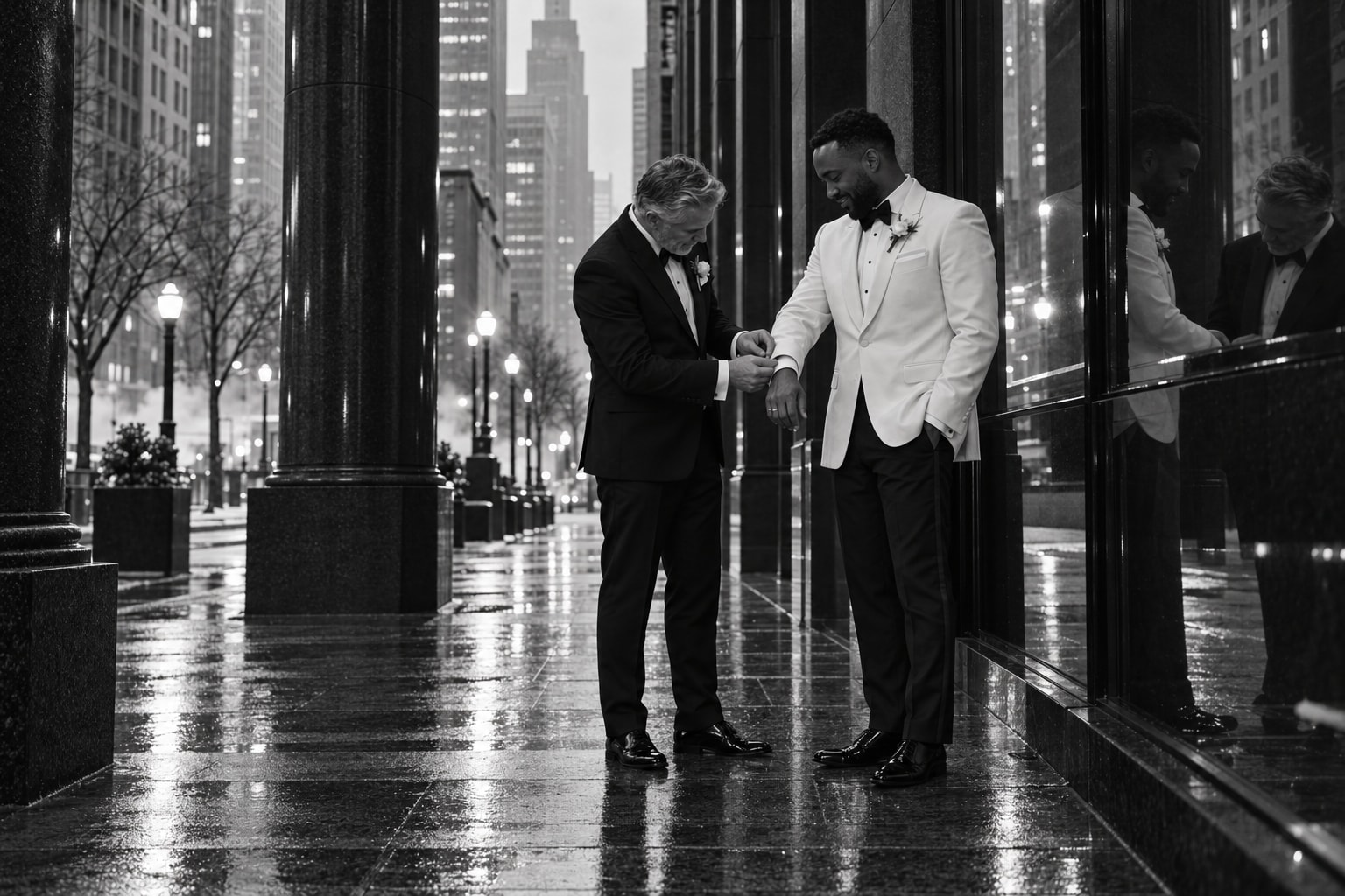 Two grooms walking between towers in Toronto's financial district