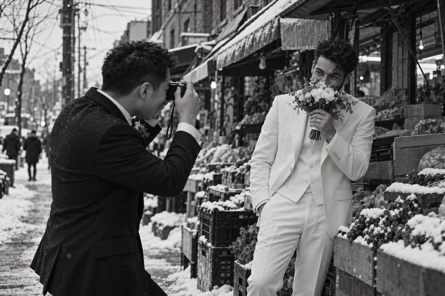 Two grooms with a bouquet and camera in Kensington Market
