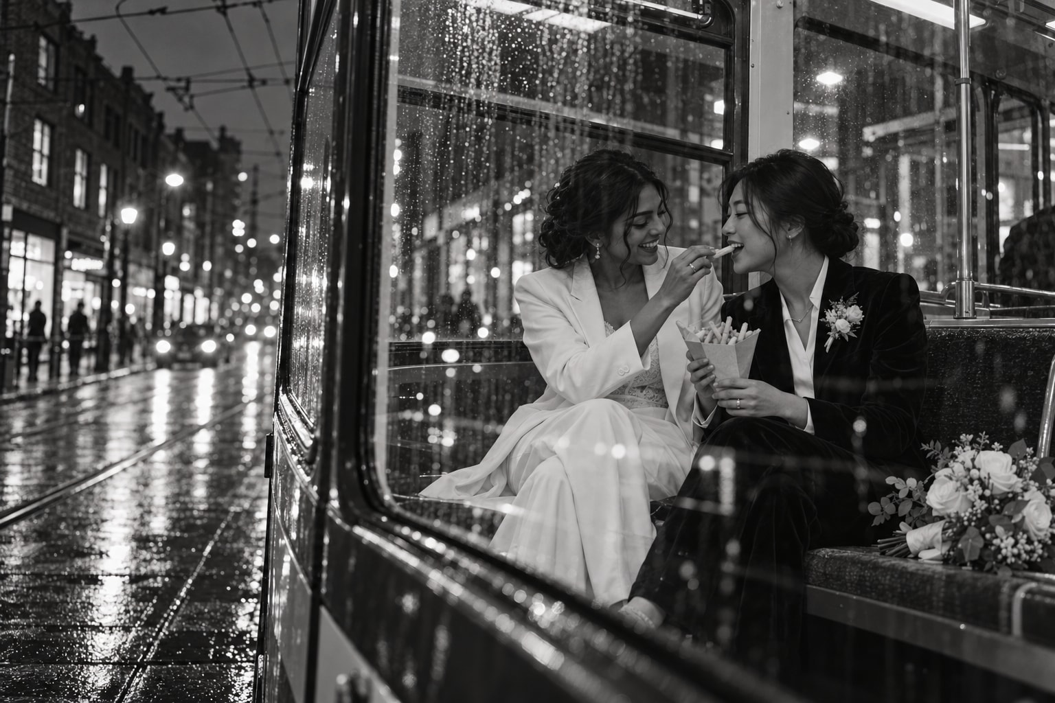 Two brides sharing fries beside a Toronto streetcar