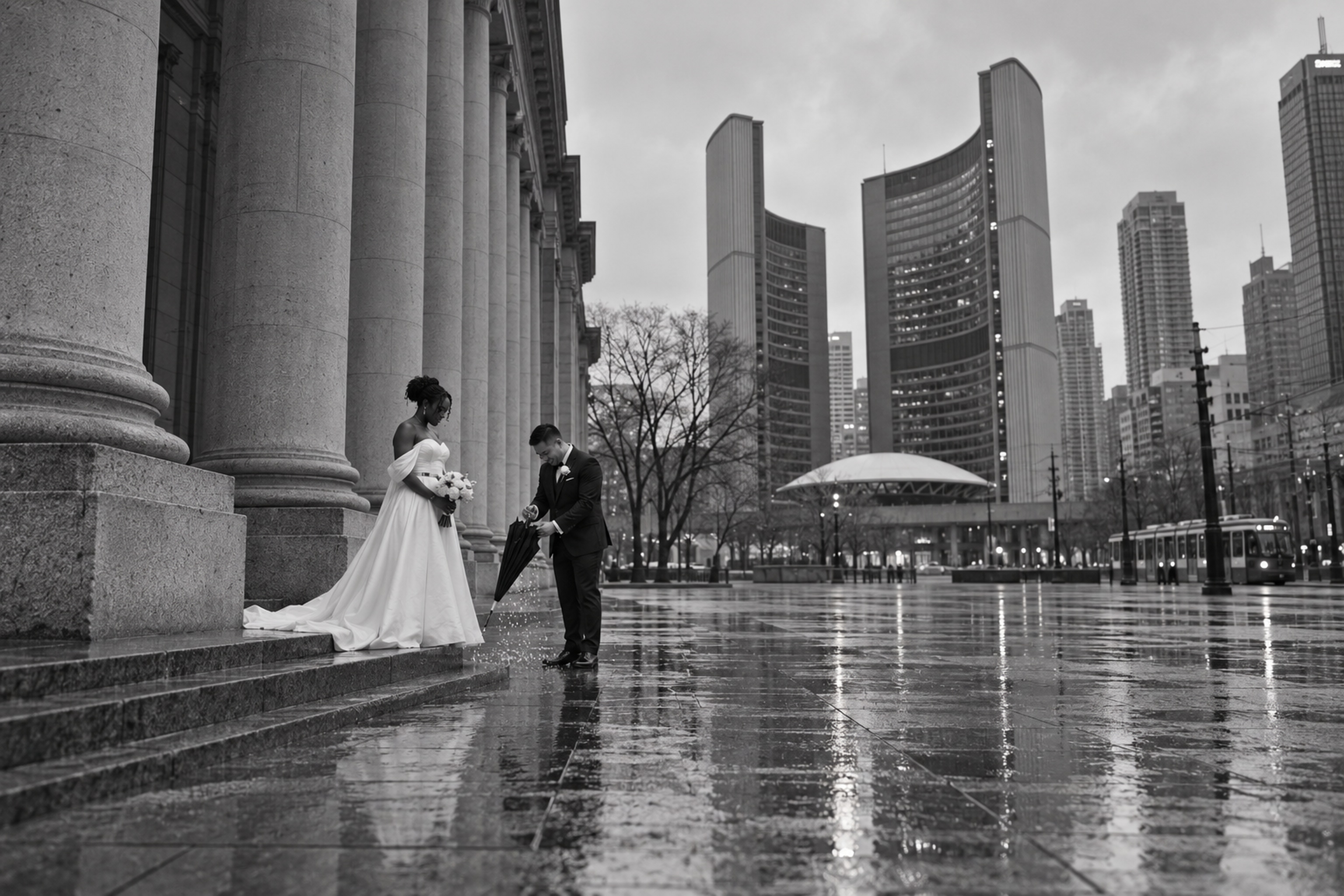 Newlyweds crossing Toronto's civic core beneath an umbrella