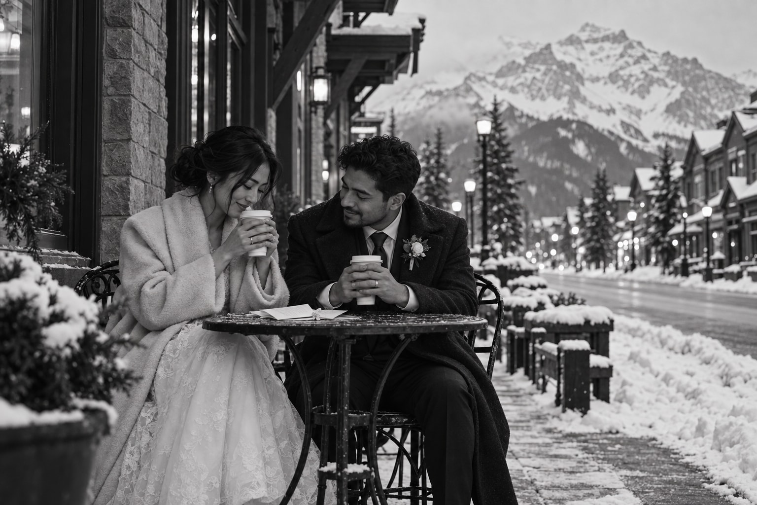 Newlyweds sharing coffee on Banff Avenue