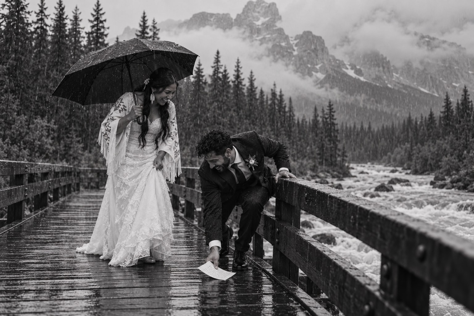 Newlyweds reading vows beside the Bow River in the rain