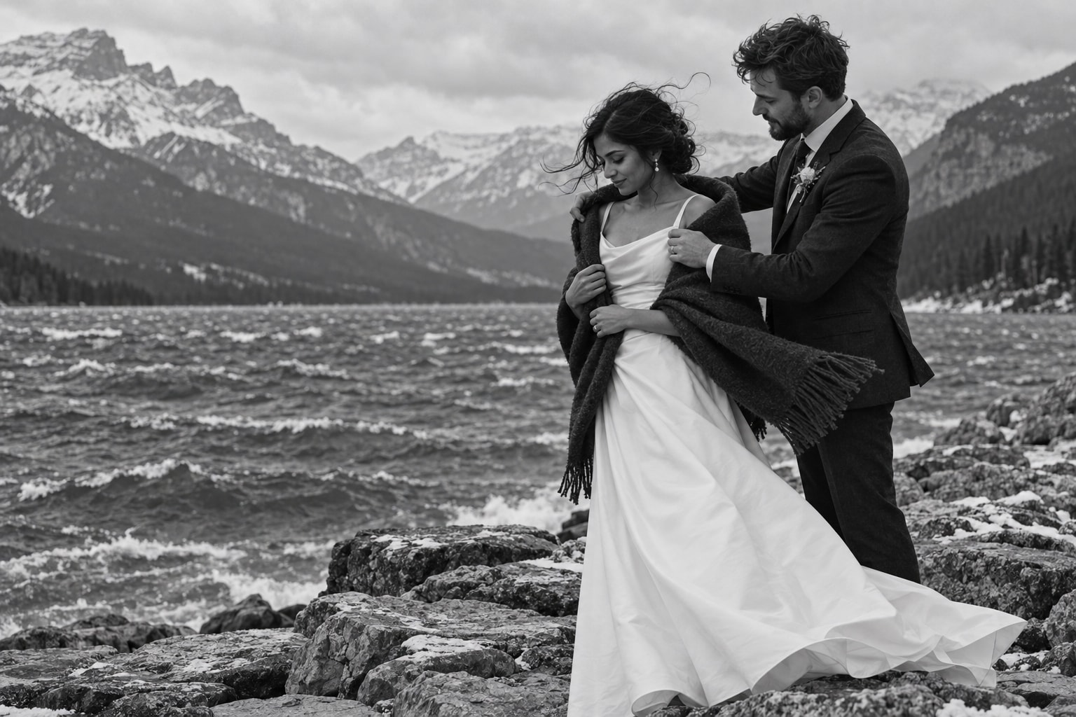 Newlyweds holding a scarf in the wind at Lake Minnewanka