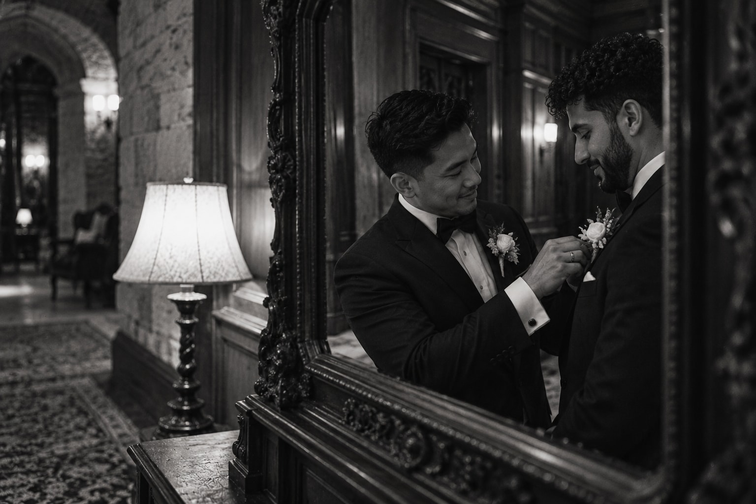 Two grooms reflected in the mirror of a Banff lodge