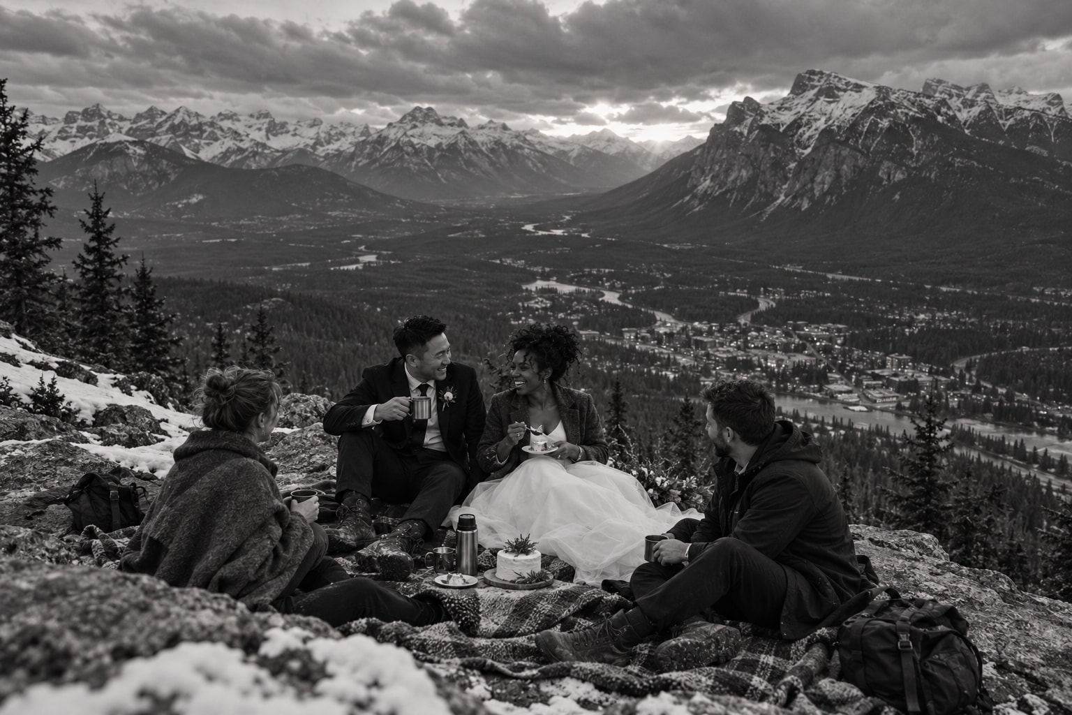 Newlyweds sharing a picnic on Tunnel Mountain