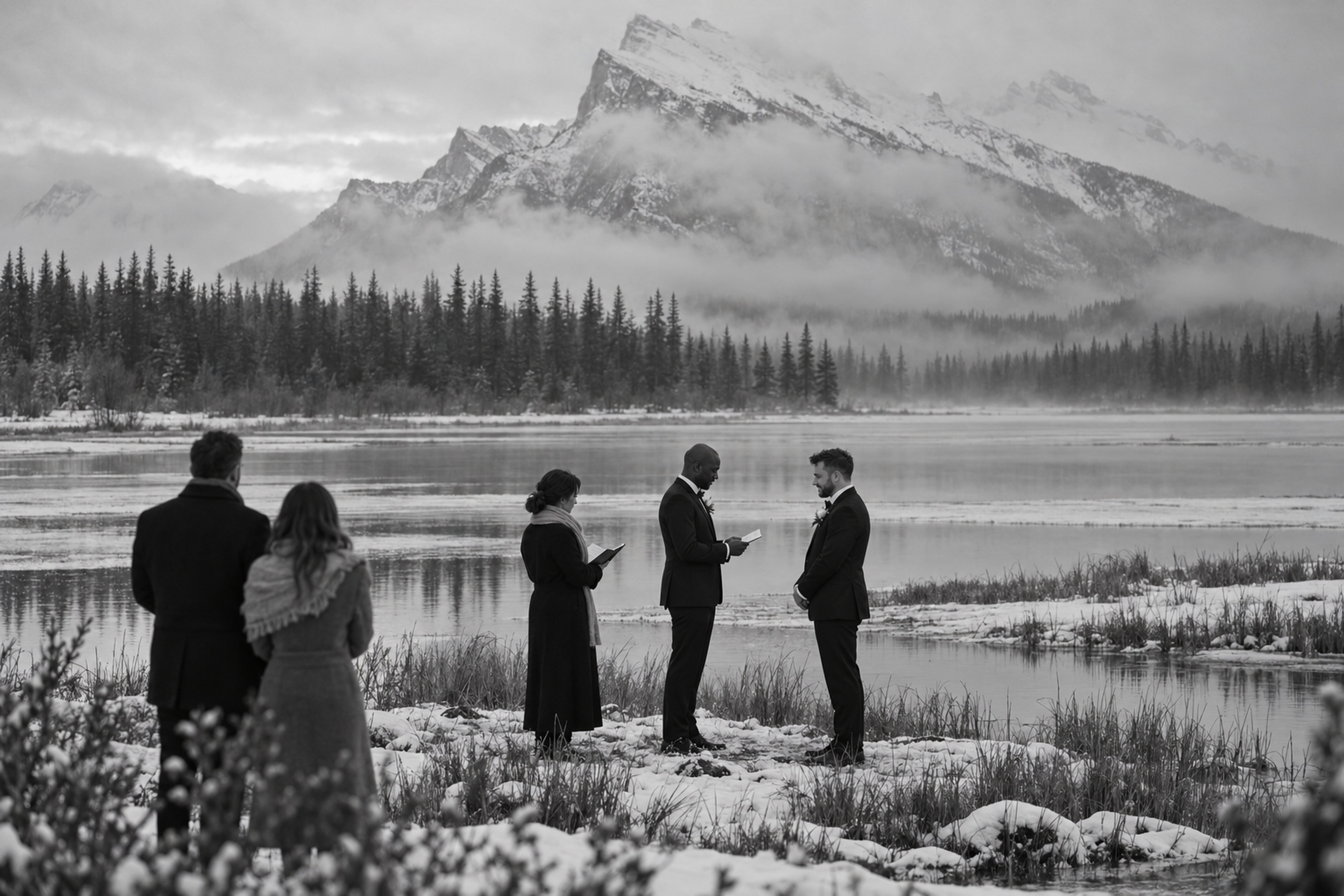 Newlyweds exchanging vows beside Vermilion Lakes in mountain mist