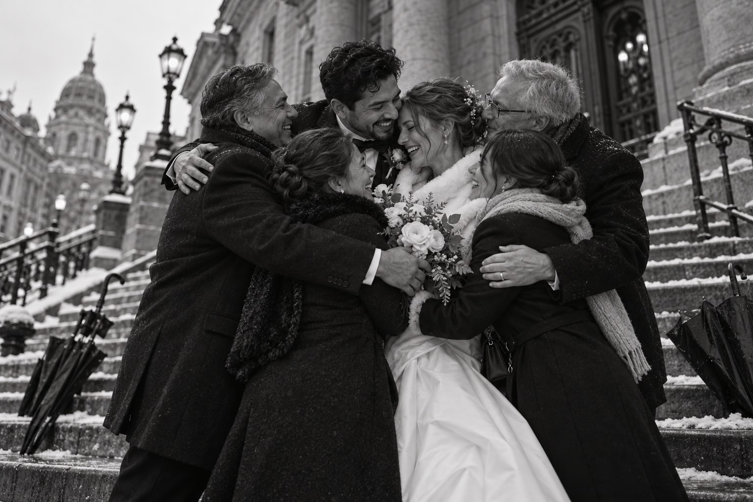Newlyweds embraced by family outside the Montréal courthouse