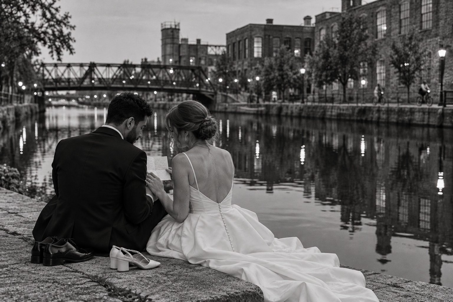 A newly married couple seated beside the Lachine Canal