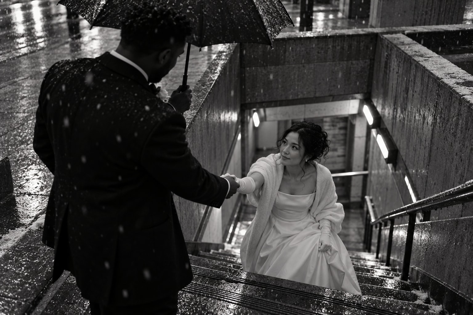 Newlyweds moving through a Montréal metro stairwell