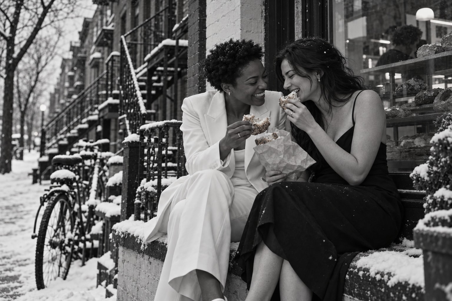 Two brides sharing bagels outside a Mile End shop