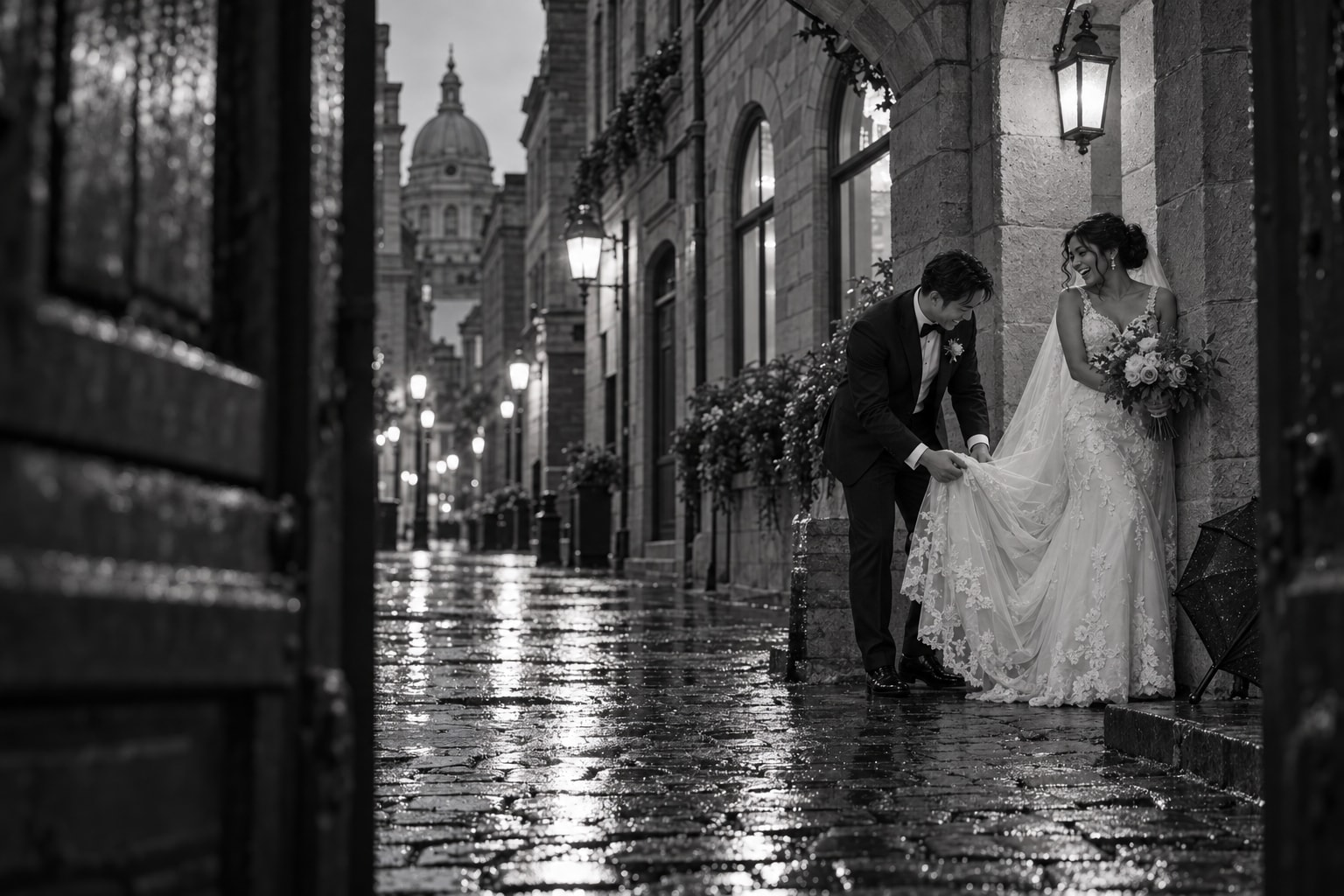 Newlyweds walking through rain on a stone street in Old Montréal