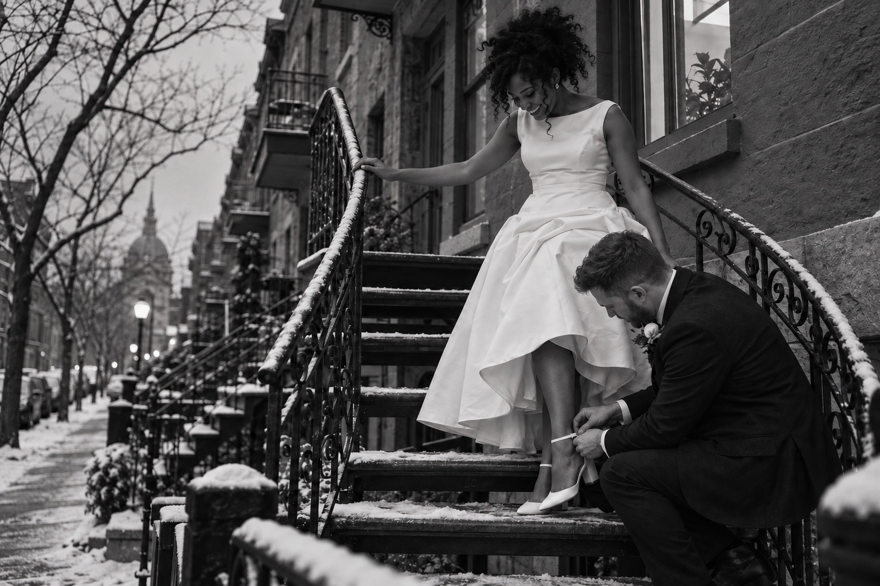 Newlyweds descending an exterior staircase in the Plateau