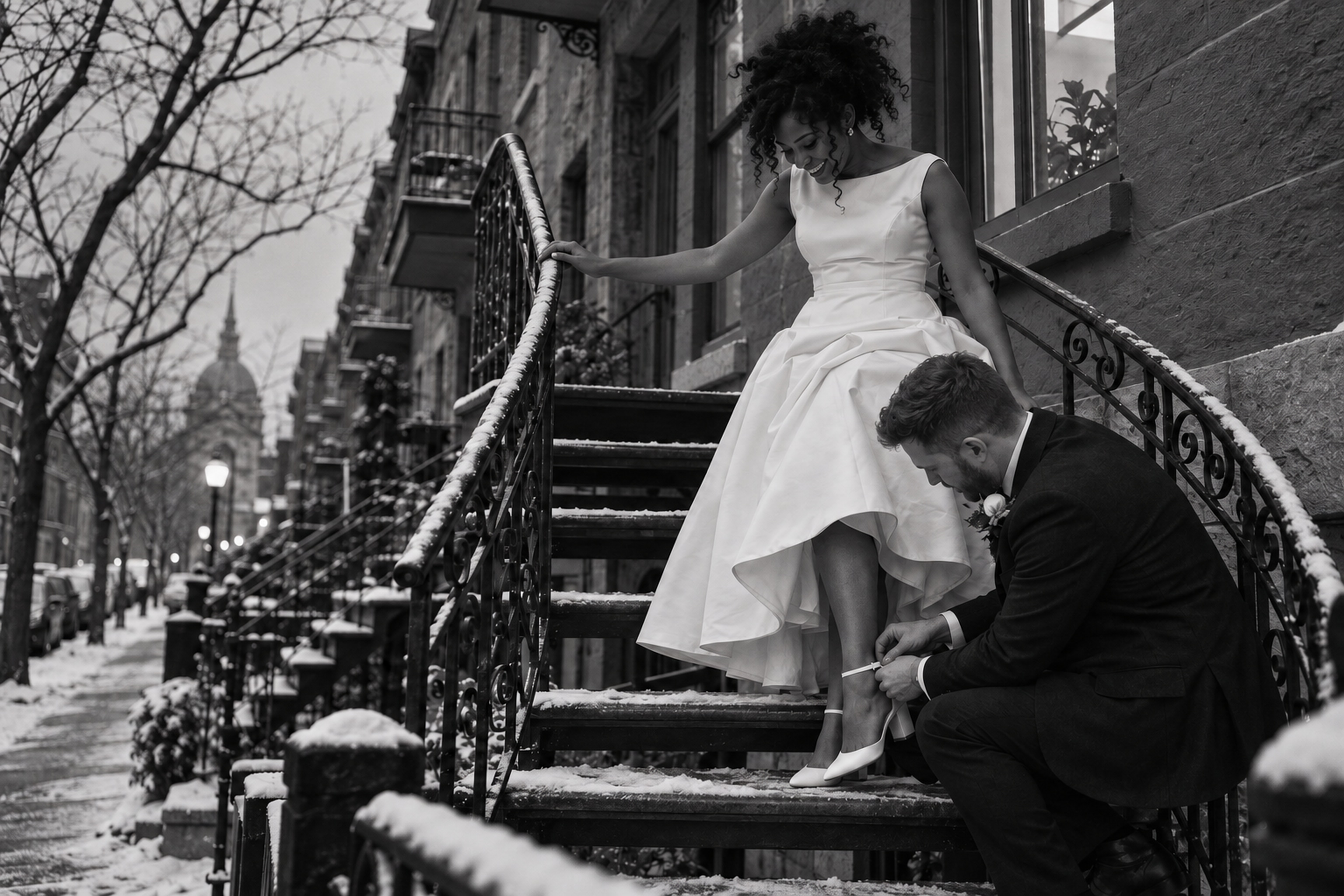 Newlyweds descending a rain-darkened exterior staircase in the Plateau