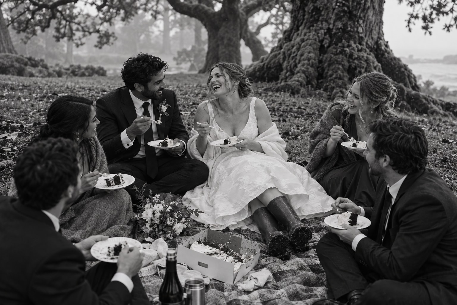 Newlyweds cutting cake during a Beacon Hill picnic