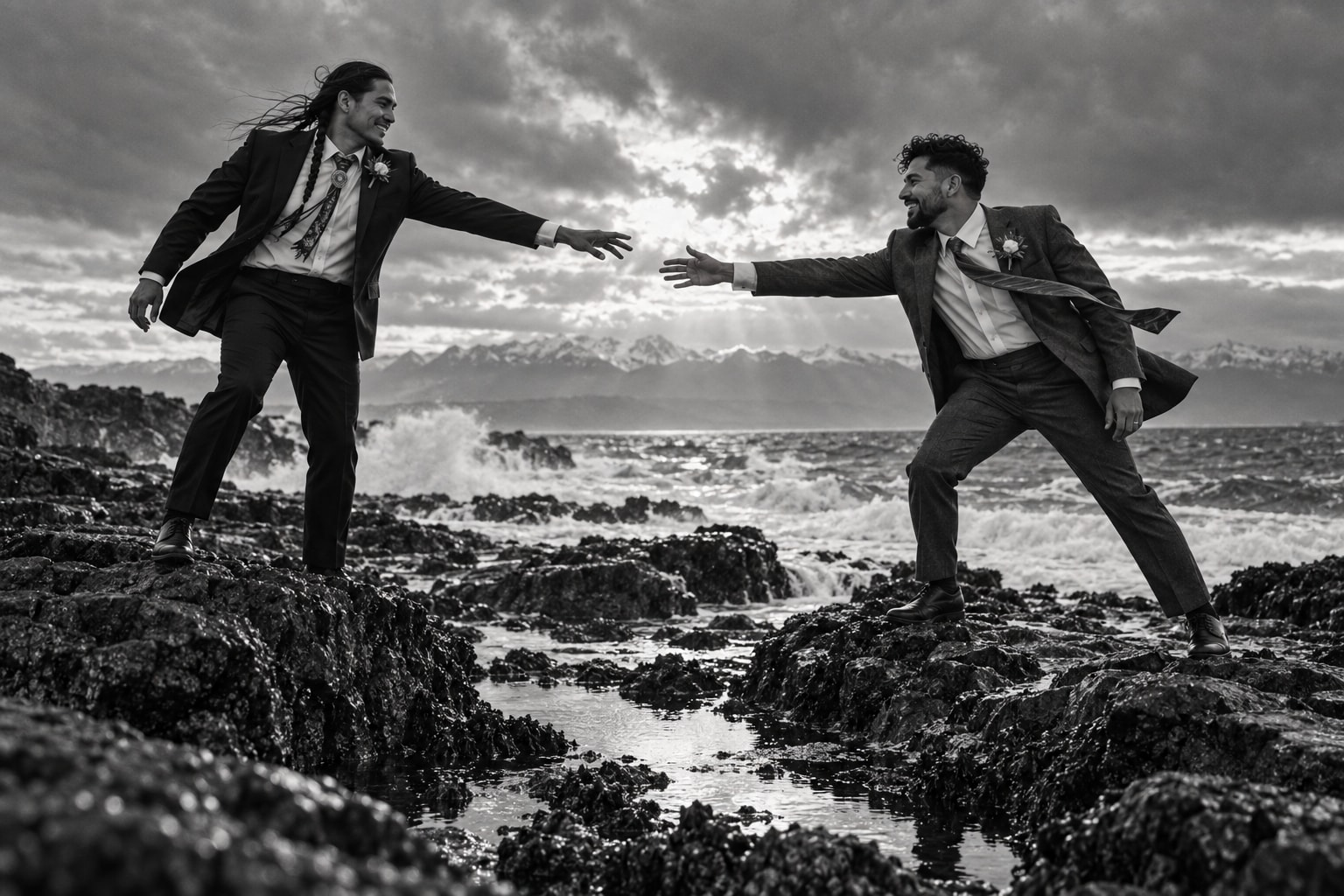 Two grooms embracing on the stormy Dallas Road shoreline