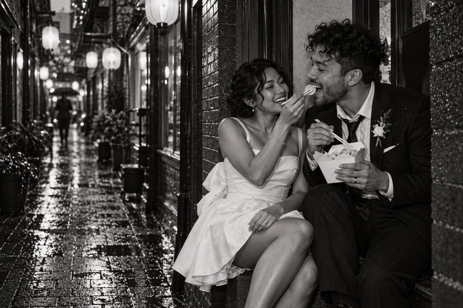 Newlyweds sharing dumplings in Fan Tan Alley