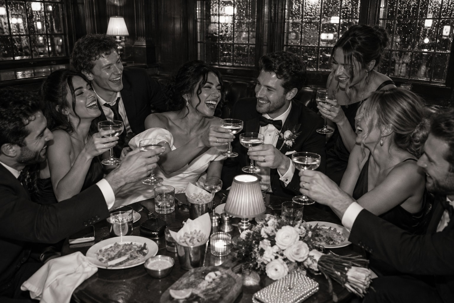 Newlyweds toasting at a dark Victoria hotel bar