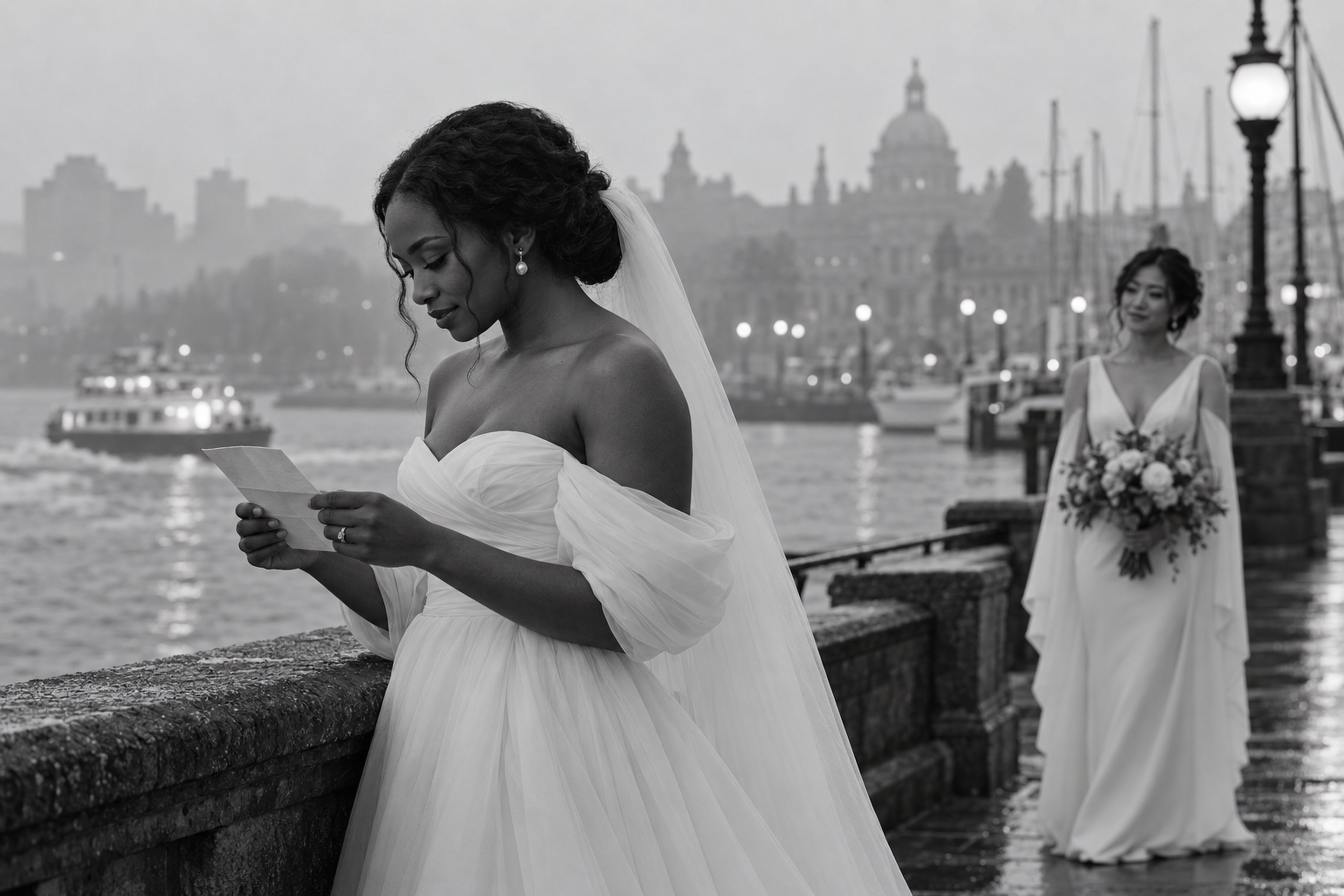 Two brides reading a letter beside Victoria's Inner Harbour