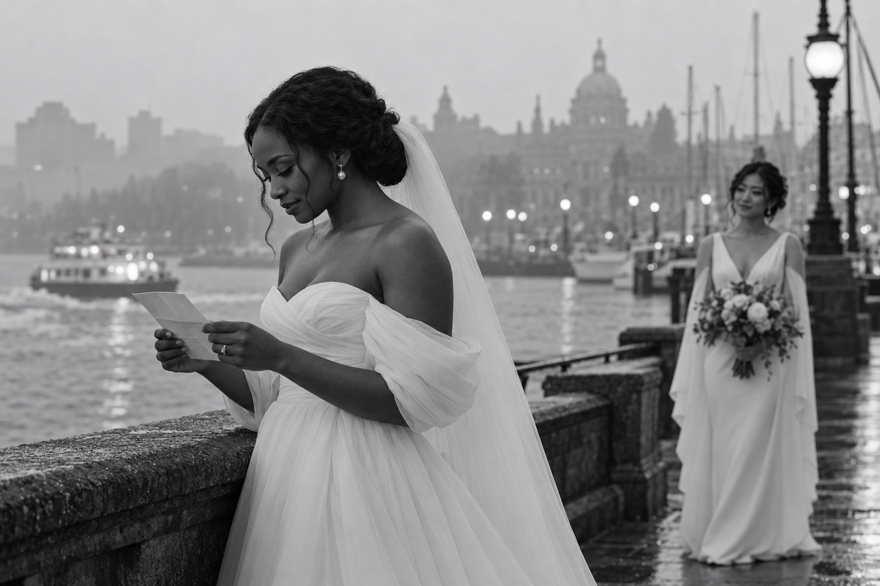 Two brides reading a letter together beside Victoria's Inner Harbour
