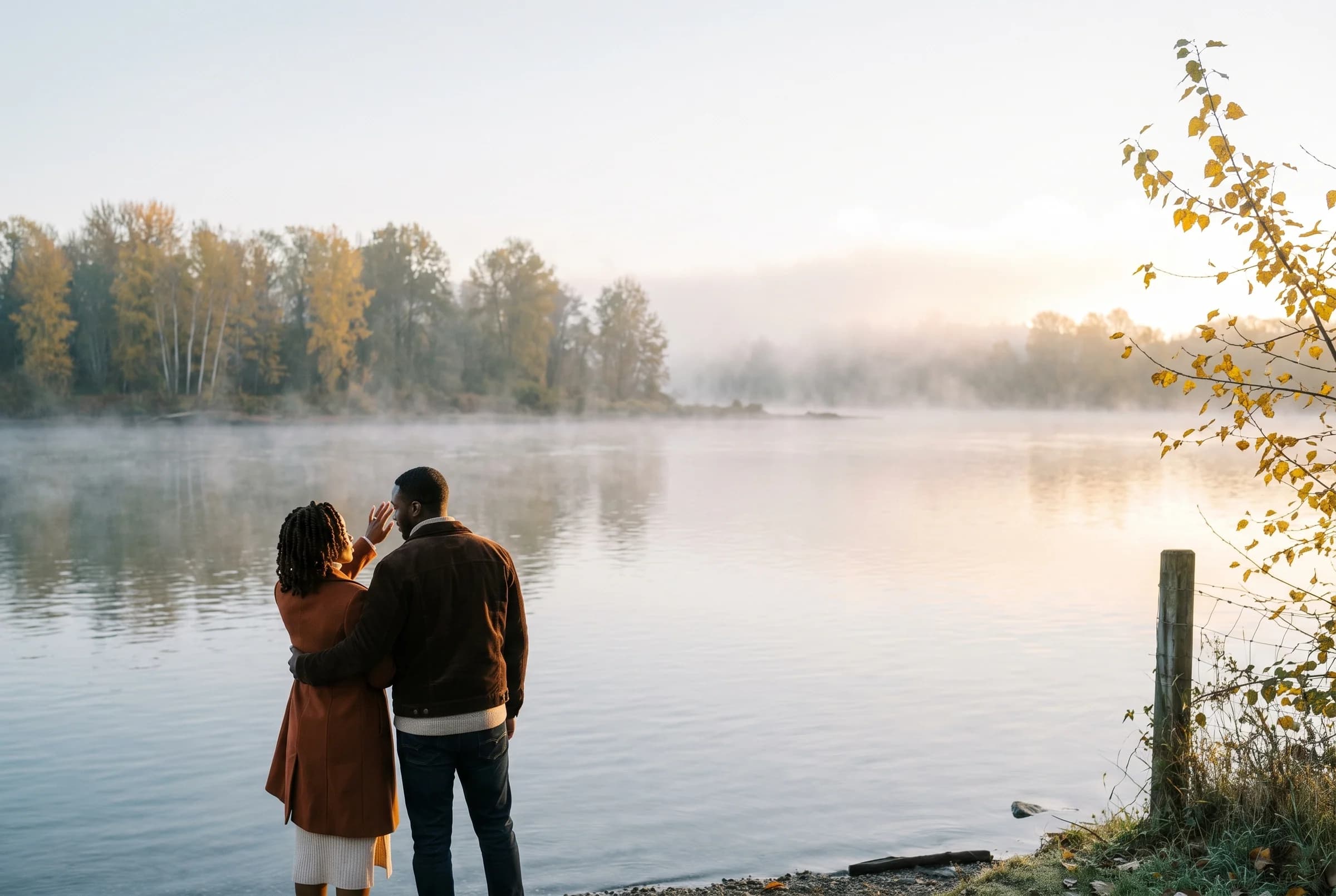Couple at the edge of the Fraser River near Fort Langley in early morning mist with yellow leaves
